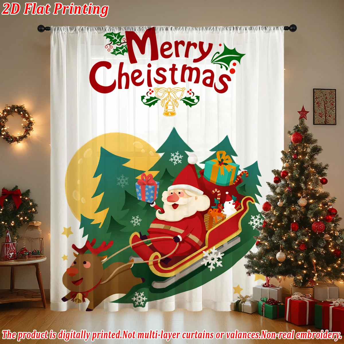 Christmas Flat Printing Sheer Curtain with Santa Claus Gift Box Ornament Reindeer for Living Room Bedroom Decor Holiday Party
