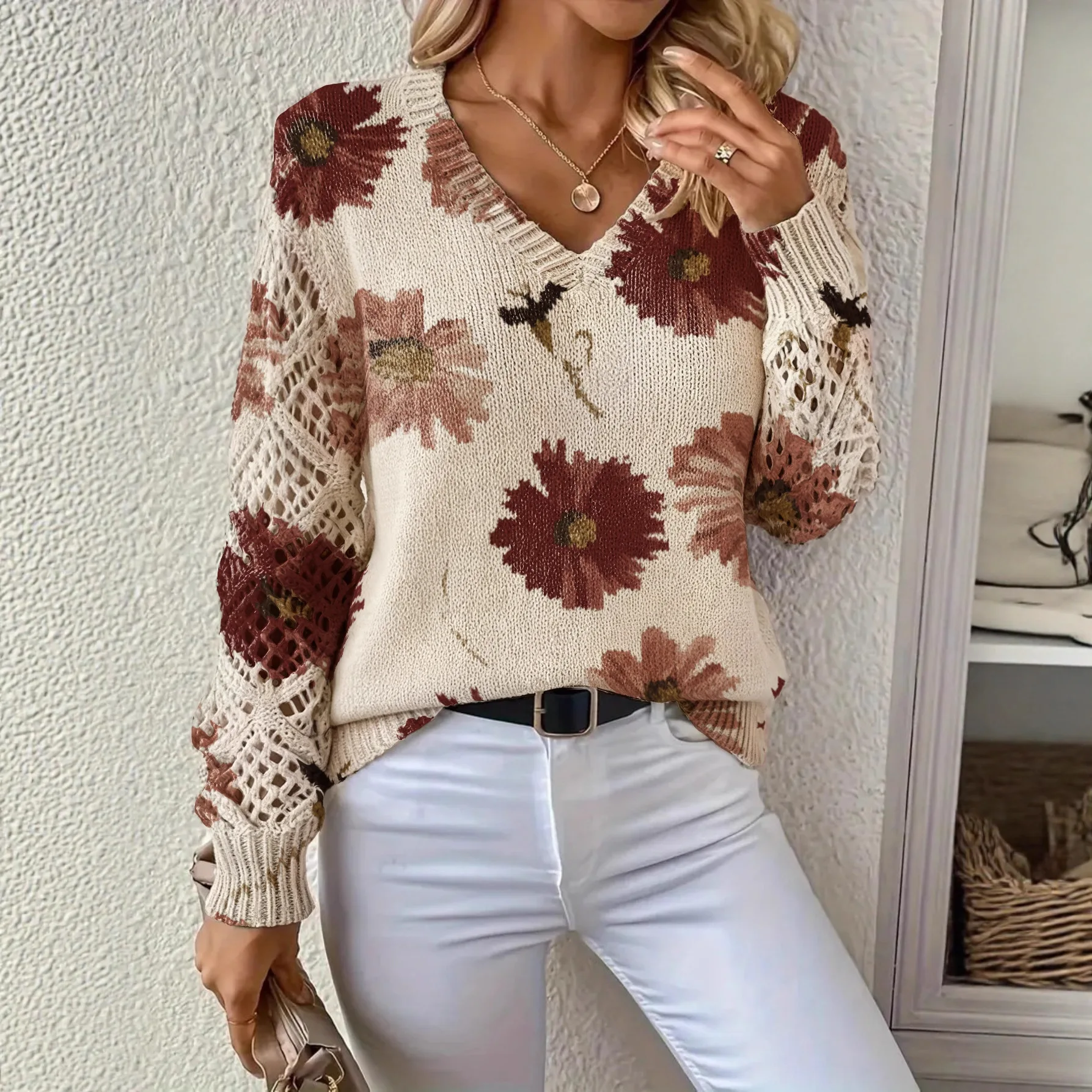 

V-neck Fashionable Floral Print Cutout Sleeves Bohemian Pullover Sweater Ropa De Invierno Para Mujer Abbigliamento Donna Autunno