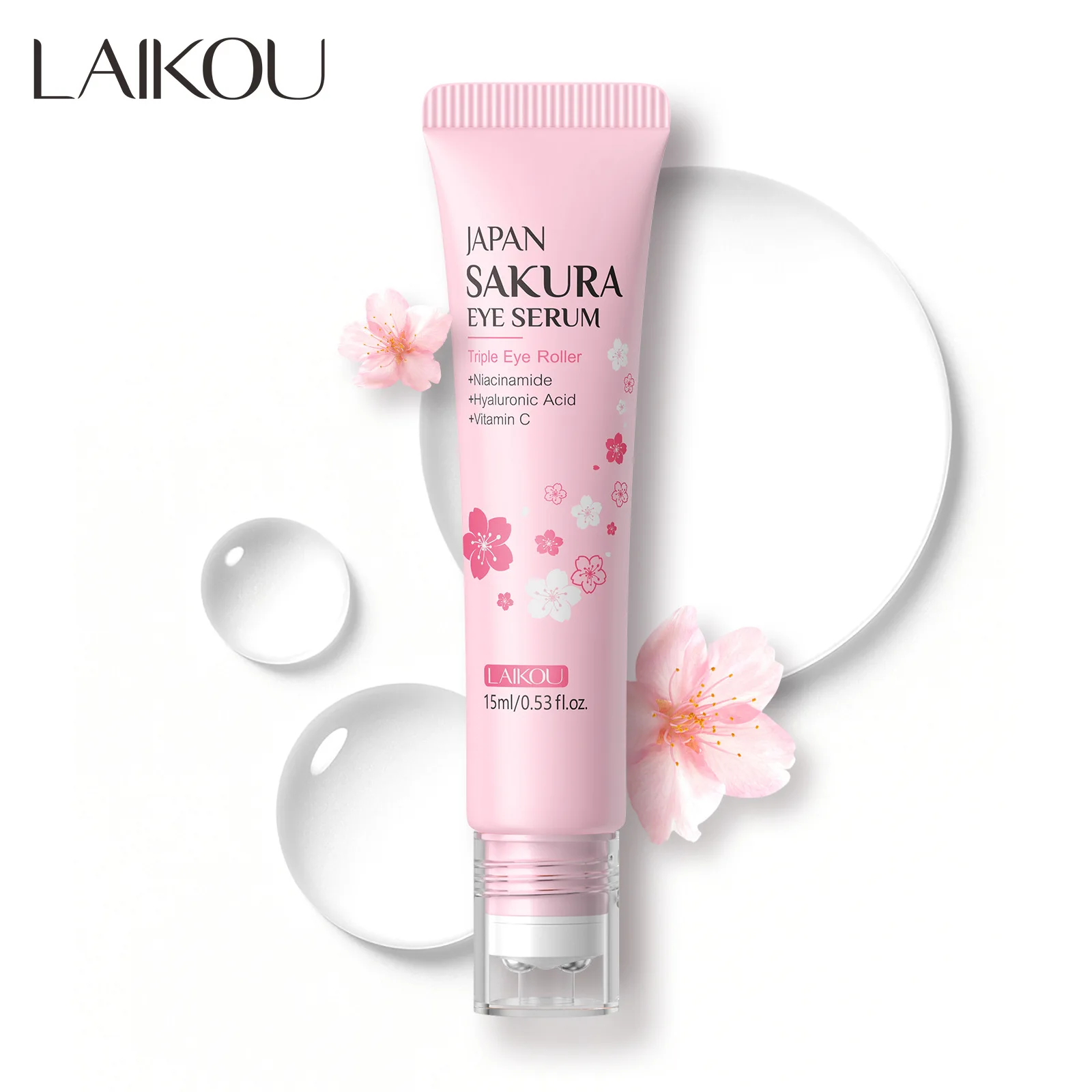  LAIKOU Sakura Eye Serum Roller Massage Anti-Aging,Hydrating & Brightening Eye Dark Circle & Puffiness Reduction Eye Cream 15ml