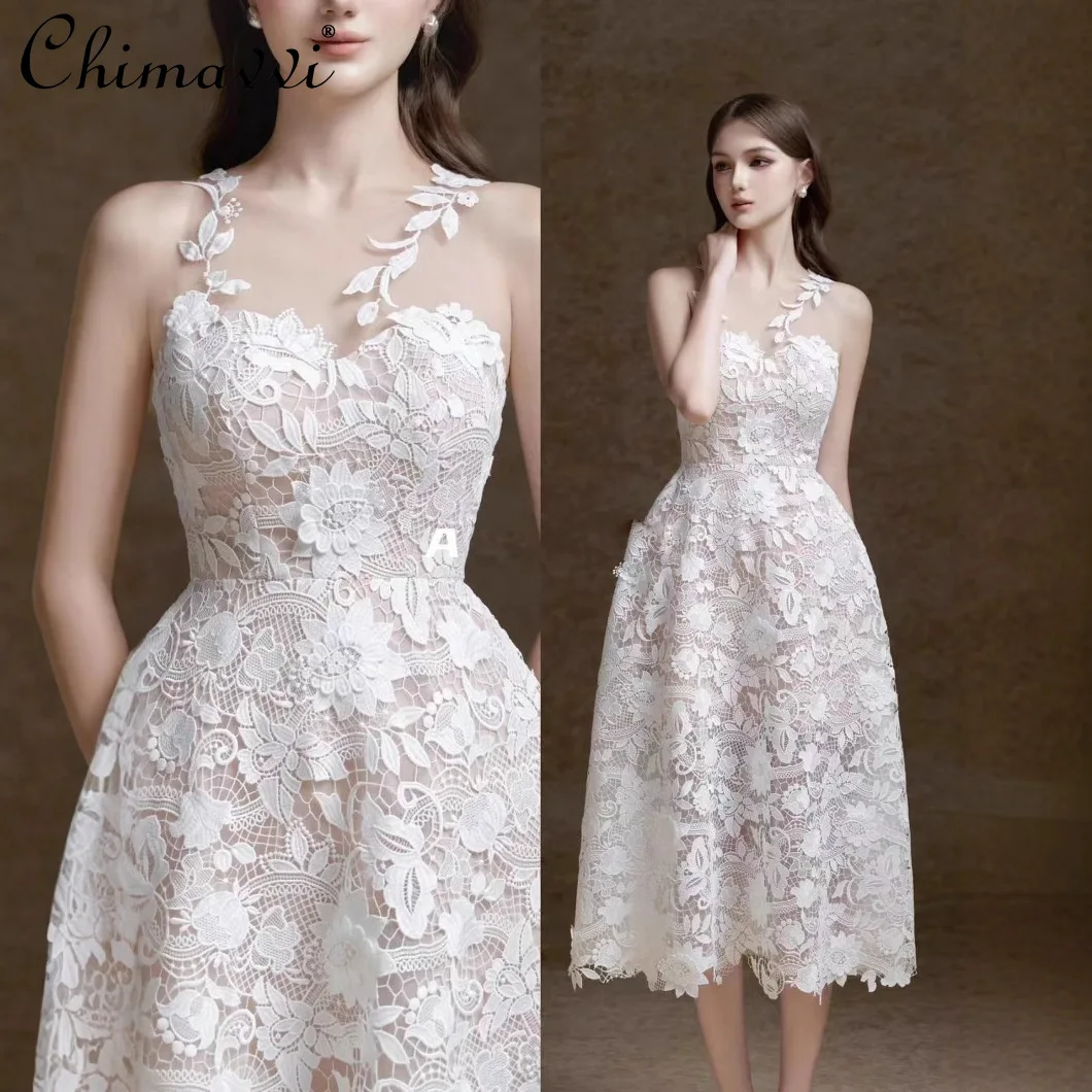 

French Style Elegant Temperament Sleeveless O-Neck Water-soluble Lace 3D Embroidery High Waist White Long Evening Dresses Women