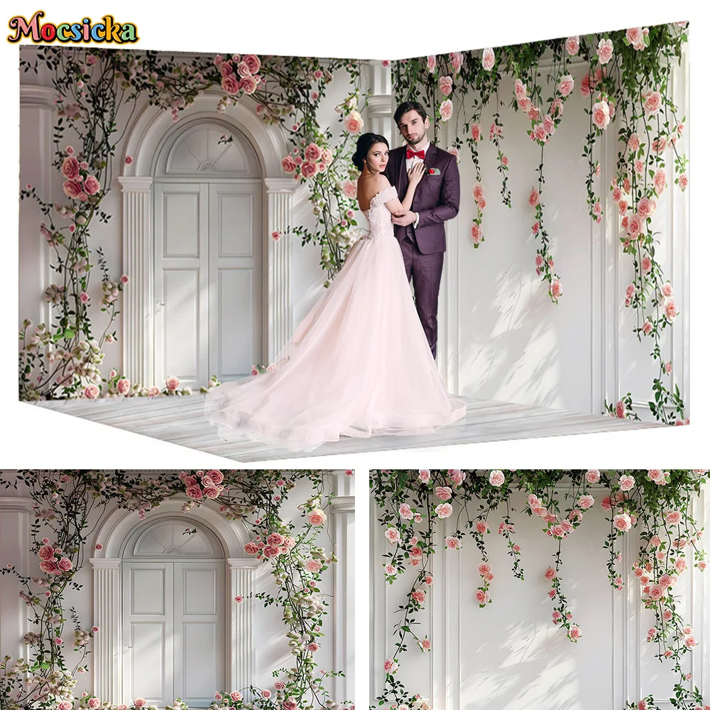 

Photography Background for Girls Wedding White Vintage Door Pink Flower Wall Backdrop Decor Pregnant Woman Portrait Photo Studio