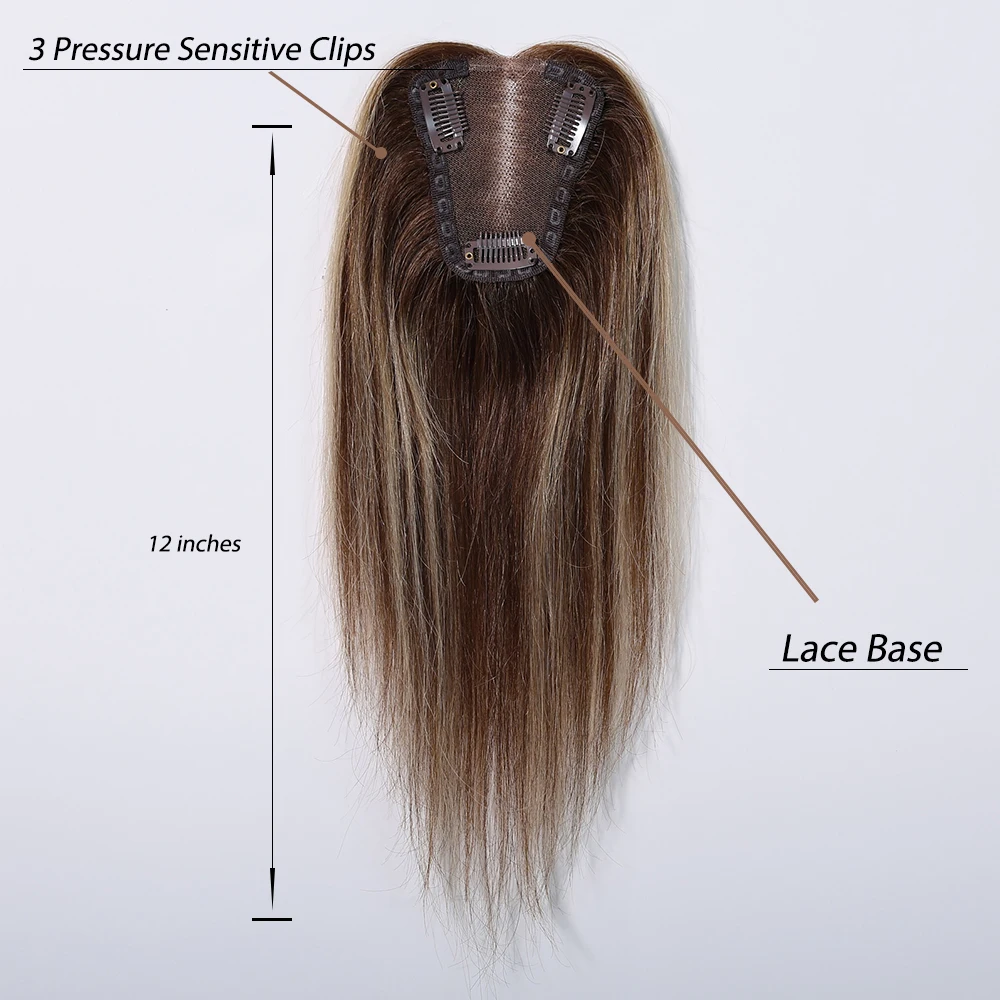 Dark Brown Blonde Highlight Remy Human Hair Topper Lace Base 3 Clips In Hairpieces for Women 12 Inches 100% Remy Human Hairpiece