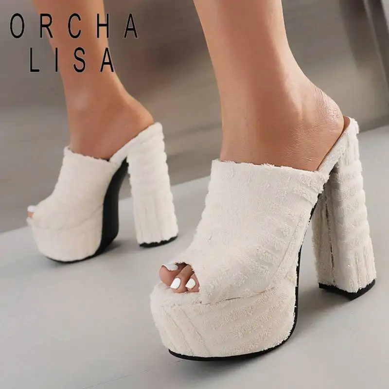 ORCHA LISA Vrouwen Sandalen Flock Peep Toe Blokhak 15 cm Platform Hill 5 cm Slip Op Muilezels Plus maat 42 43 Sexy Dating Schoen