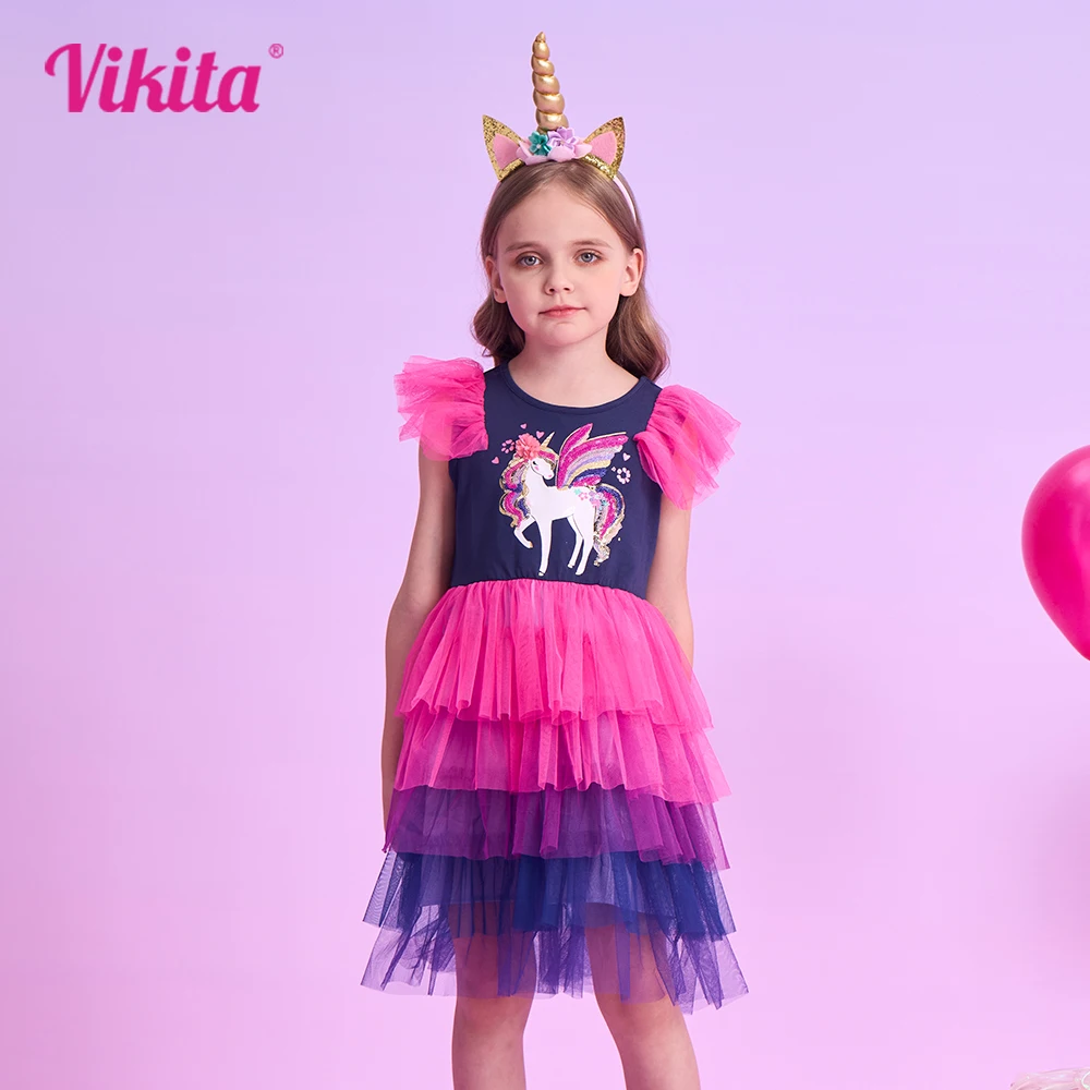 

VIKITA Girls Flare Sleeve Dress Kids Summer Vestidos Girls Unicorn Cartoon Print Dresses Kids Party Prom Gown Mesh Tutu Dresses