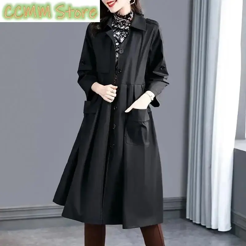 

New Female Windbreaker Coat Women's Spring High End Loose Style Slim Autumn Mid length Coat Women Pocket Pleating Coat