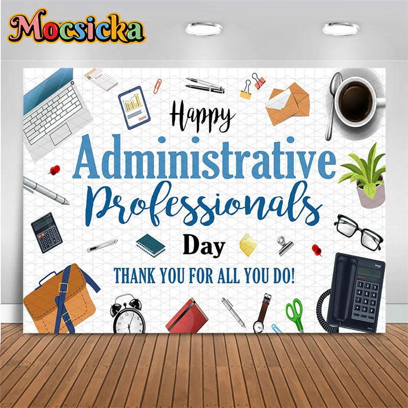 Mocsicka Happy Administrative Professionals Day Backdrop Grid Office Tools Supplies Photography Background Party White Banner