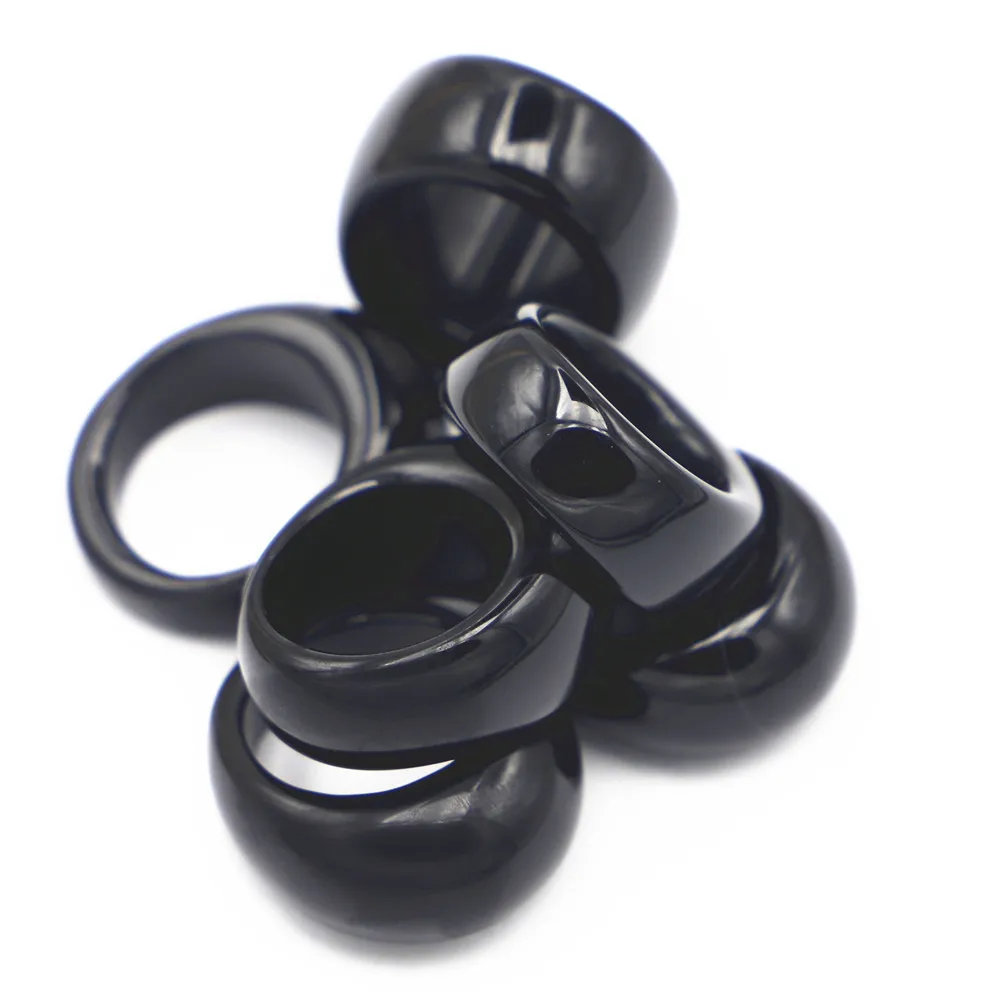 New Natural Stone Smooth Finger Engagement Black Agate Ring Luxury Jewelry Wedding for Women Men Bands Wholesale 15MM 17#18#19#