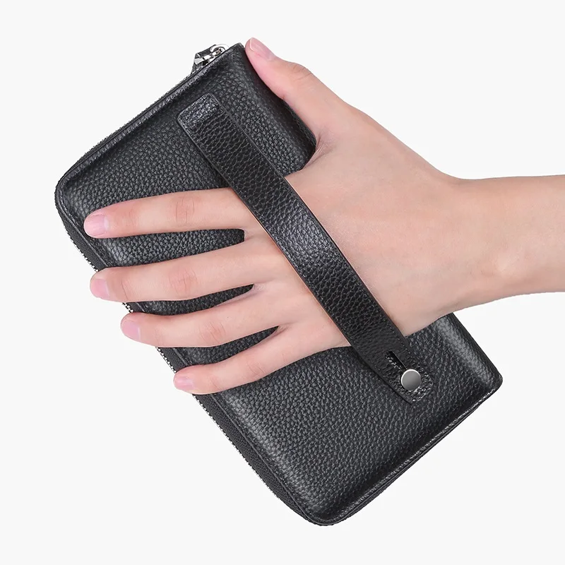

Черный мужской кошелек из натуральной кожи, большой RFID-кошелек из натуральной коровьей кожи, большая вместительная мужская сумка-клатч из воловьей кожи
