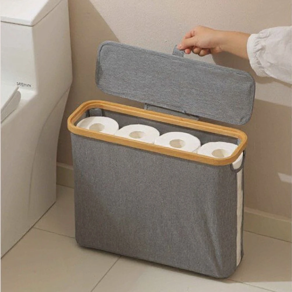 Compact Grey Oxford Cloth Toilet Paper Basket with Lid for Small Bathrooms Holds 9 to 12 Rolls Organized Storage