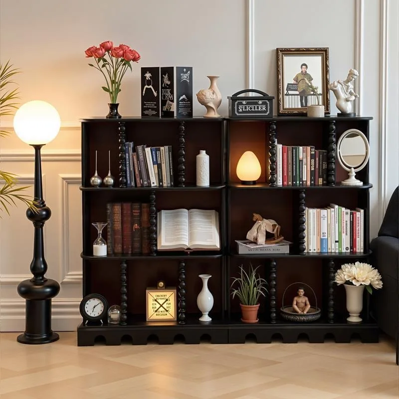 French Vintage Solid Wood Modular Unit, Half-wall Floor Book Rack, Living Room Storage Showcase Beside Sofa