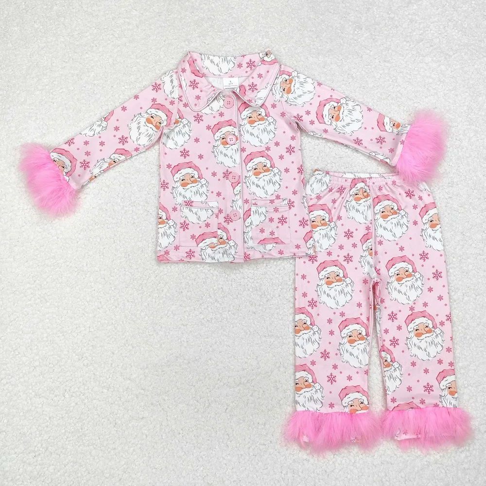 Winter Fashion Baby Girls Santa Claus Snowflake Pink Plush Edge Long Sleeve Long Pajama Set Wholesale Boutique Children RTS