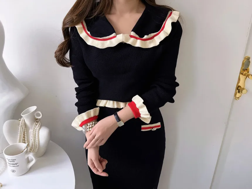 Autumn And Winter Women Ruffles Knitted Peter Pan Collar Short Coats + High Waist Bodycon Skirts Sets Two Pieces Suits Outfits