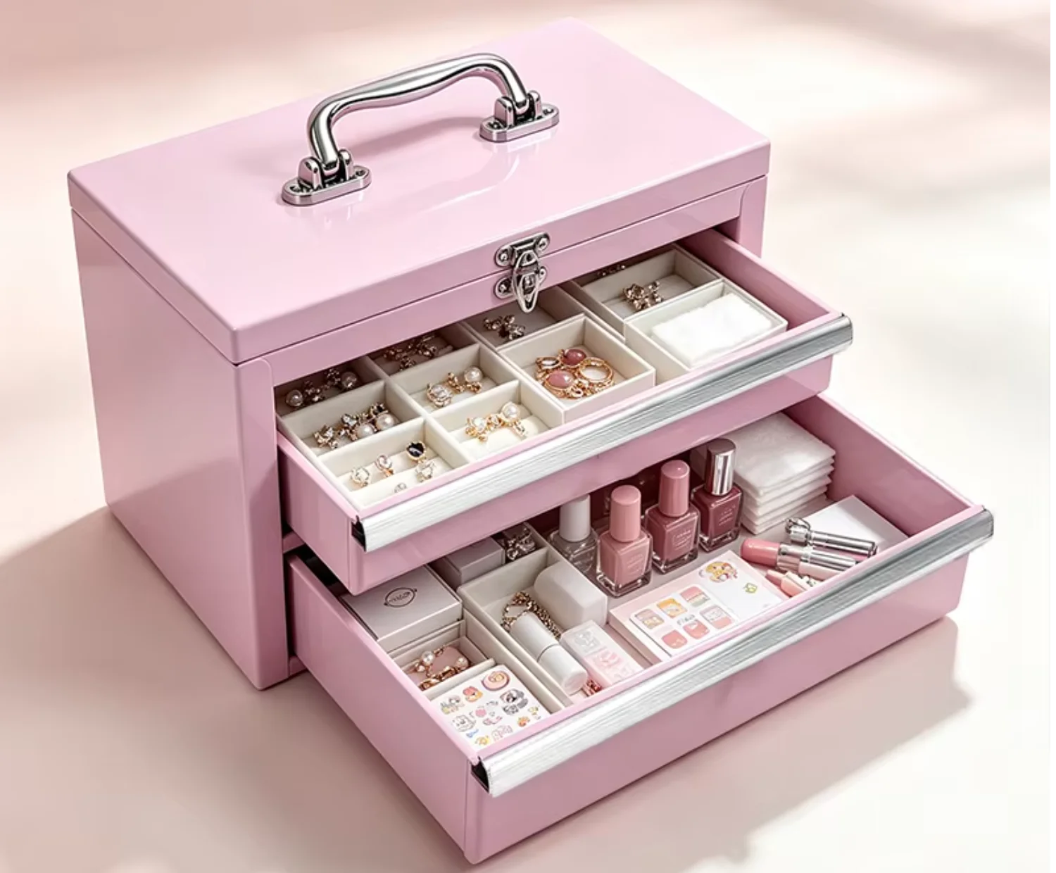 a forPink 2 Drawers Portable Metal Tool Box Hand Carry Hardware Tool Storage Desktop Makeup Box Stationery Gift