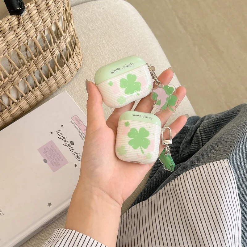 

Four-leaf Clover Strips Pattern Gifts Earphone Case with Pendant for Apple Airpods 1 Airpods 2, Pro/pro2 Airpods 3 Airpods 4 New