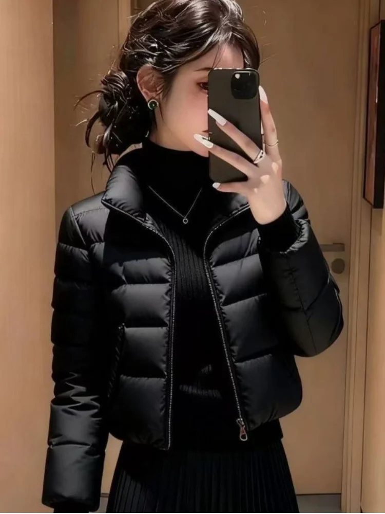 

Slim Fit Short Black down Cotton Jacket Women's Stand Collar Fashionable Warm Outerwear Korean Style Thickened Zipper Closure