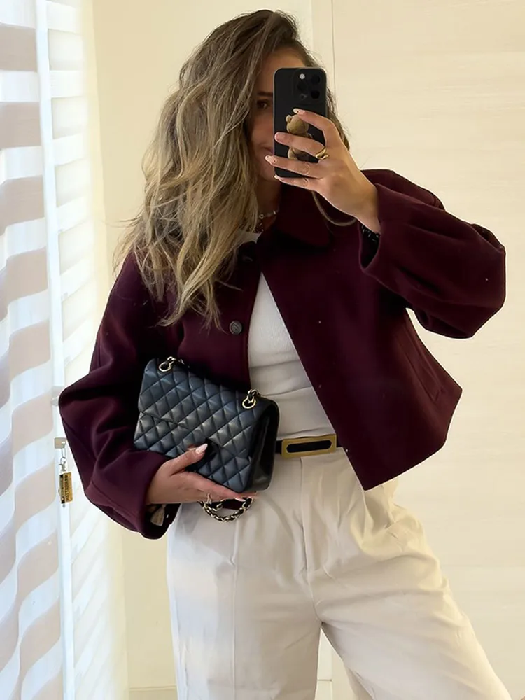 Fashion Burgundy Color Lapel Pleated Woolen Coats For Women Elegant Long Sleeve Oversized Warm Jackets 2024 Lady Chic Streetwear