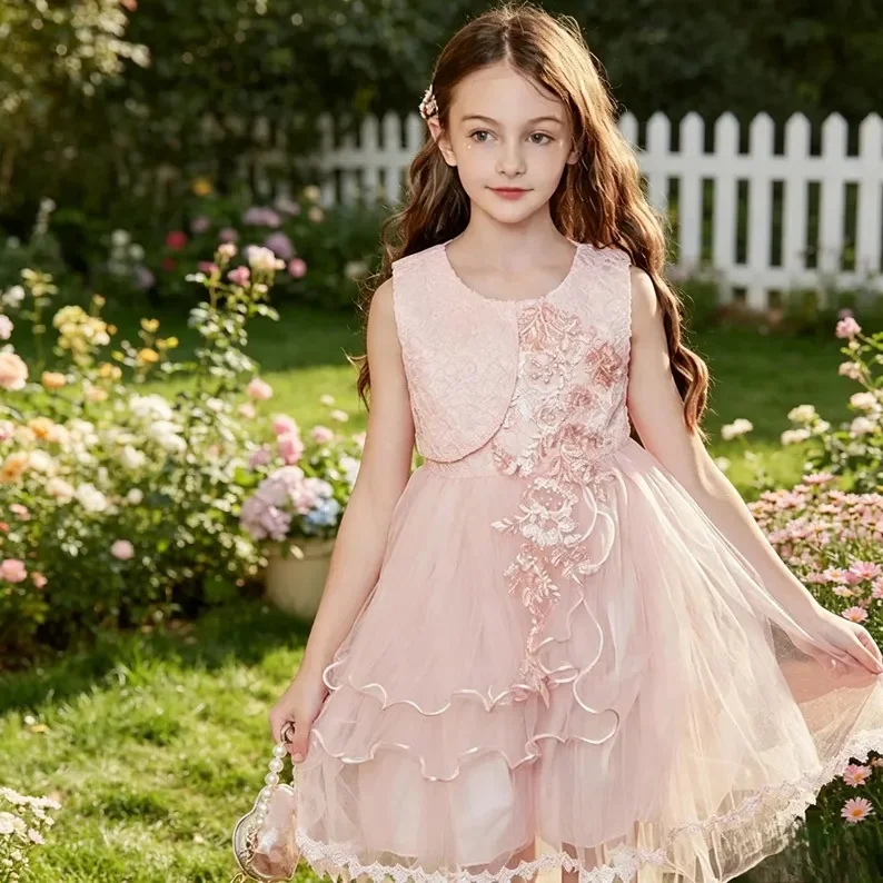Lace Appliques Flower Girl Dress Tiered Tulle Pink Wedding Princess Dress for First Communion Knee Length Cute Evening Gown