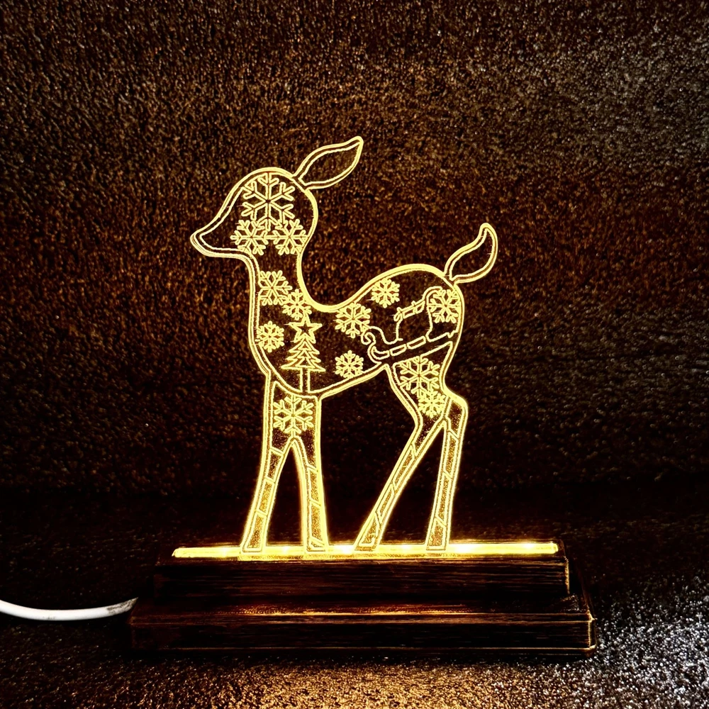Reindeer Glowing Ornaments 3-piece Set With Snowflake PatternsWooden Base Table Lamp For Christmas Home Decor Festive Atmosphere