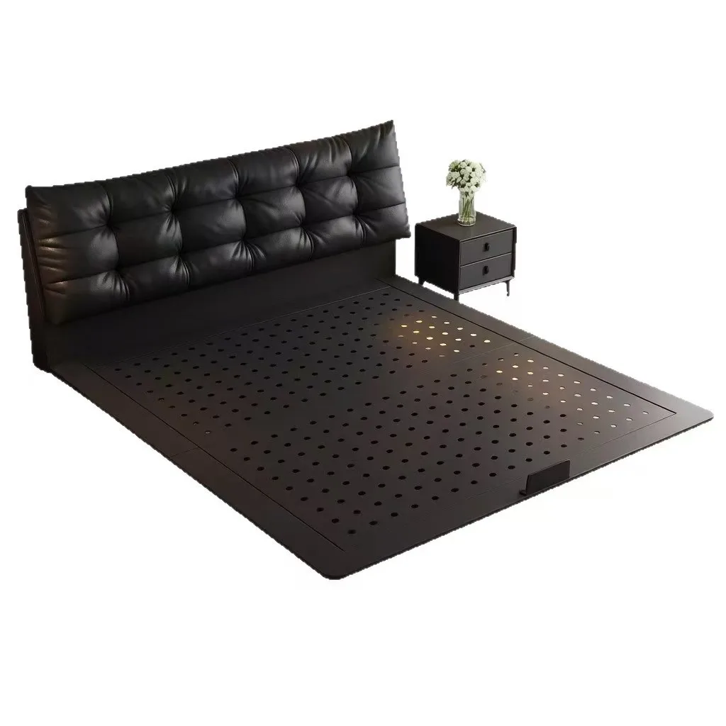 Italian minimalist black bear carbon steel frame high-end atmospheric master bedroom leather soft bag suspended bed
