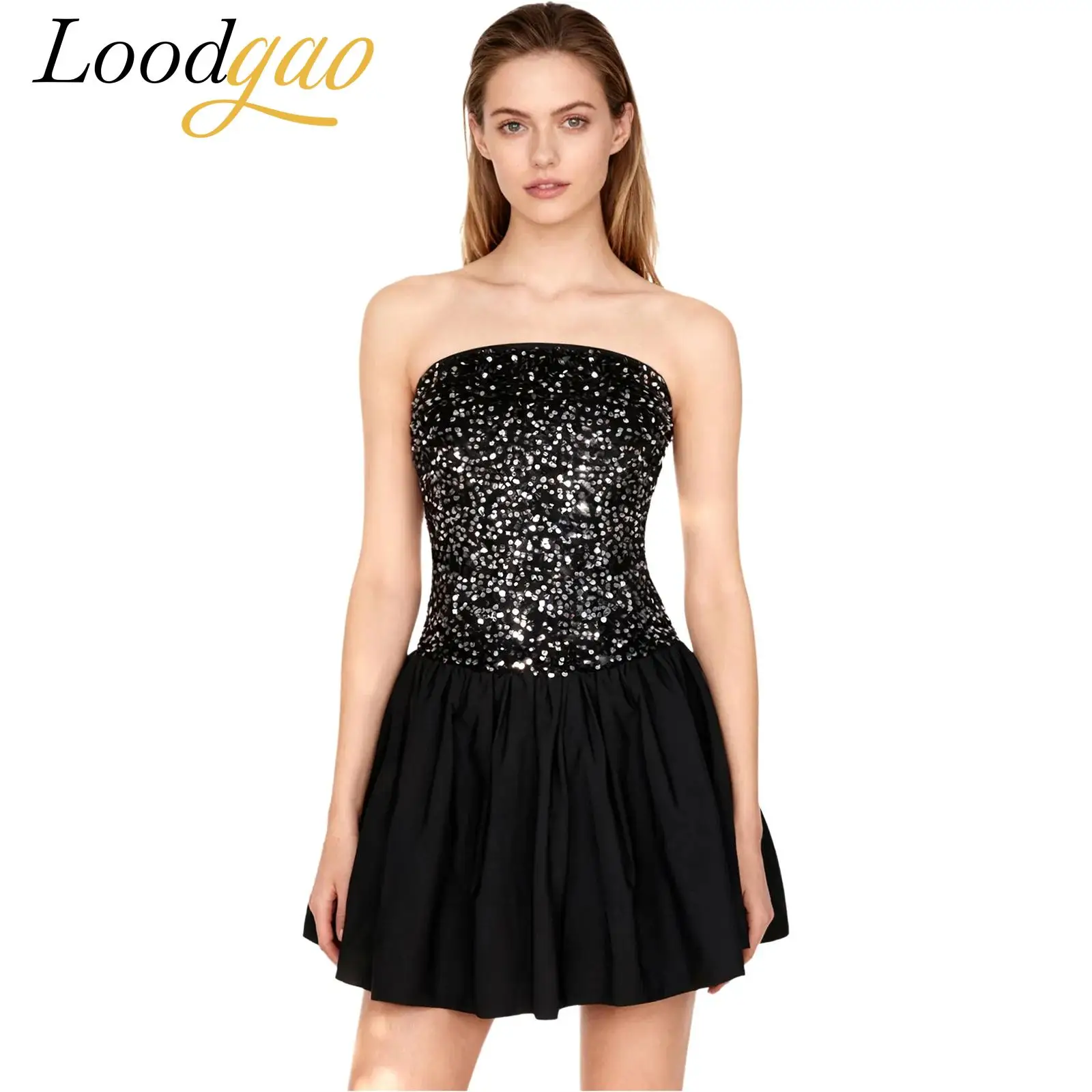 Womens Cocktail Mini Prom Dress Pleated Strapless Birthday Party Dress Girls Club Outfits Shiny Sequined A-line Hem Mini Dress