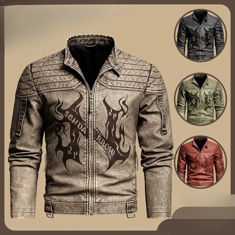 Men Vintage Washed Faux Leather Biker Jacket Flame Print Stand Collar Slim Windproof Casual Outerwear 3 Colors