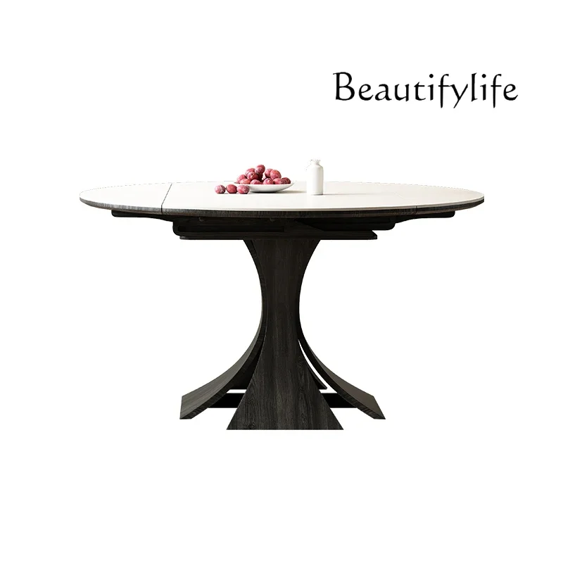 

French retro solid wood retractable dining table rock slab household small apartment dining table