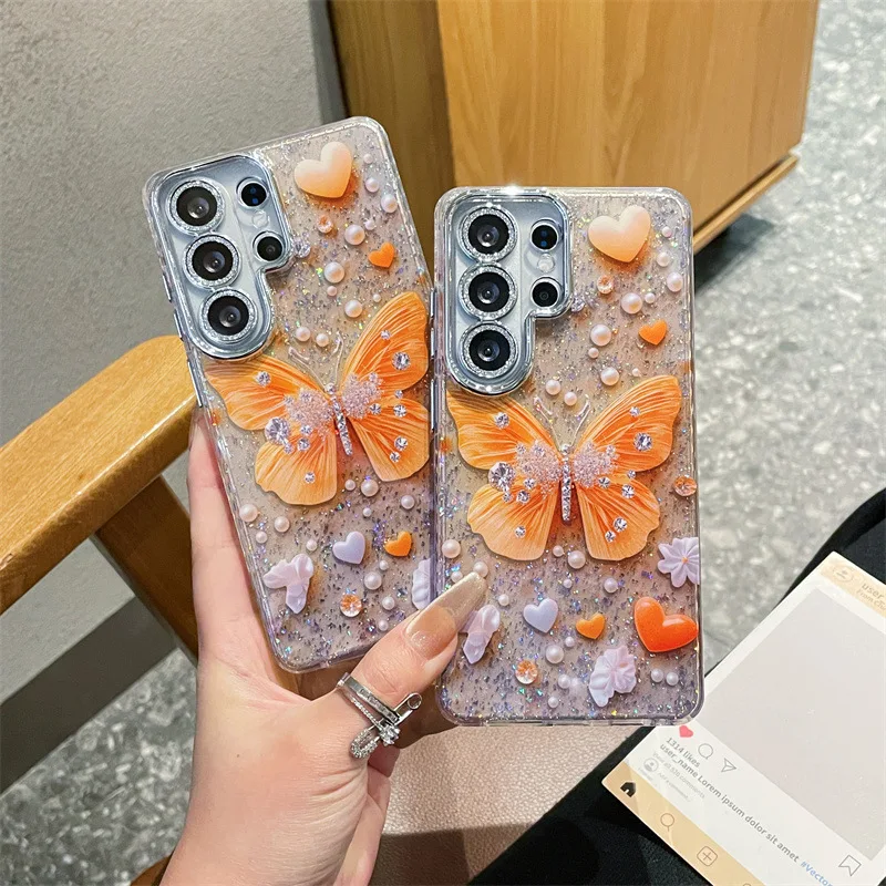 Luxuriöse Schmetterling-Pailletten Handyhülle für Samsung Galaxy S23 S24 S25 S26 Ultra Plus Glitzer-Objektivfolie Stoßfeste Schutzhülle