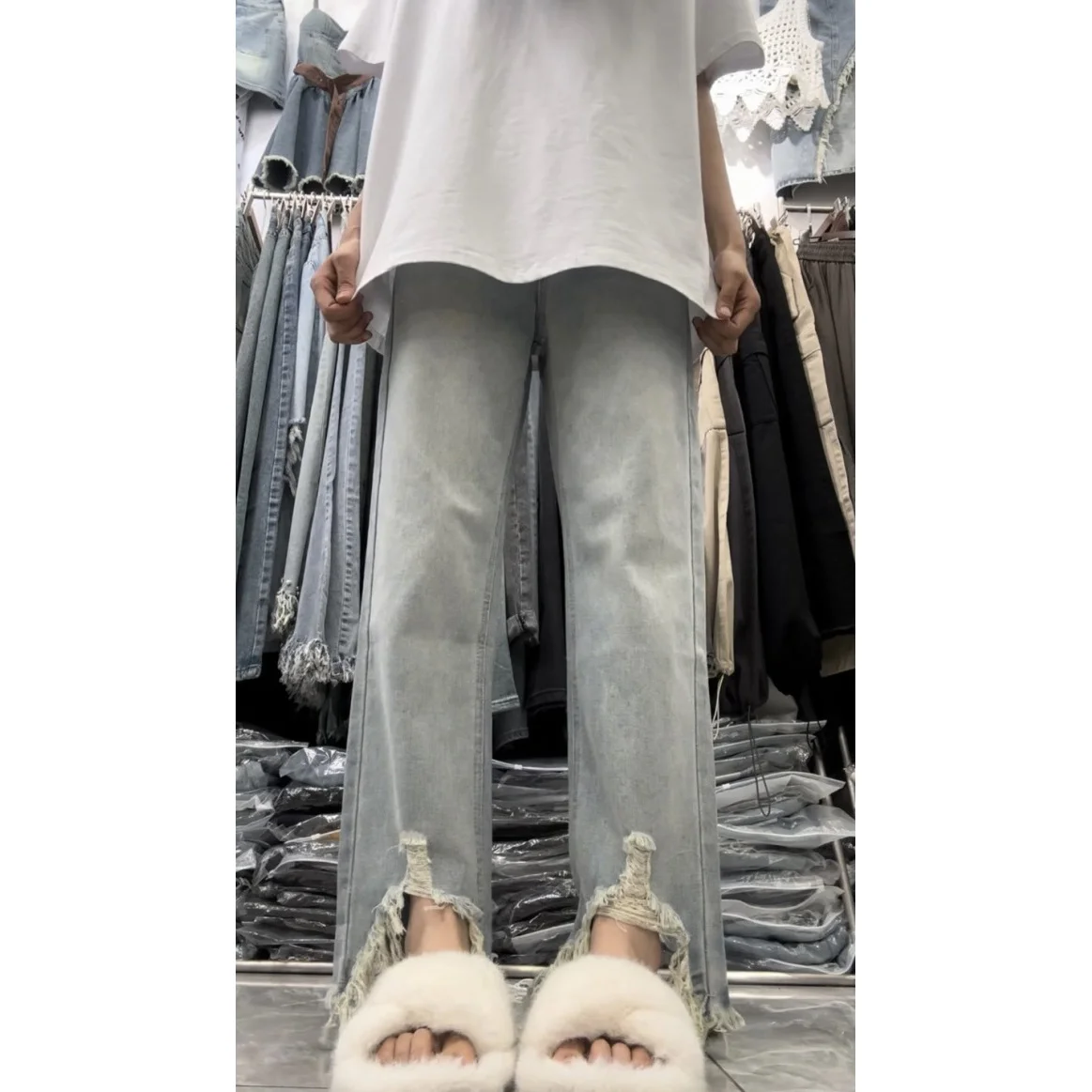 Ropa de otoño para mujer, pantalones vaqueros azules anchos de Corea, ropa de mujer de talla grande, ropa de calle holgada Y2K, moda Vintage, corte de pierna de gran tamaño