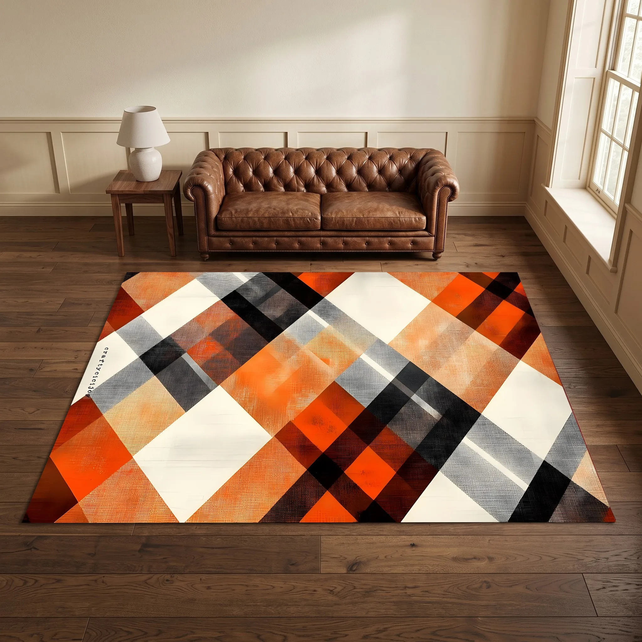 Orange Brown and Gray Color-Block Diagonal Plaid Retro British Christmas New Year Velvet Rug for Living Room, Bedroom, Entryway