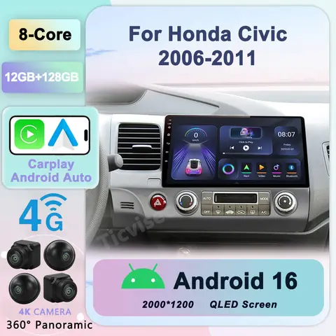 혼다 시빅 2006-2011 좌핸들용 2 Din 안드로이드 16 카 라디오 GPS 네비게이션 비디오 멀티미디어 플레이어 DSP DVD 미포함 10인치