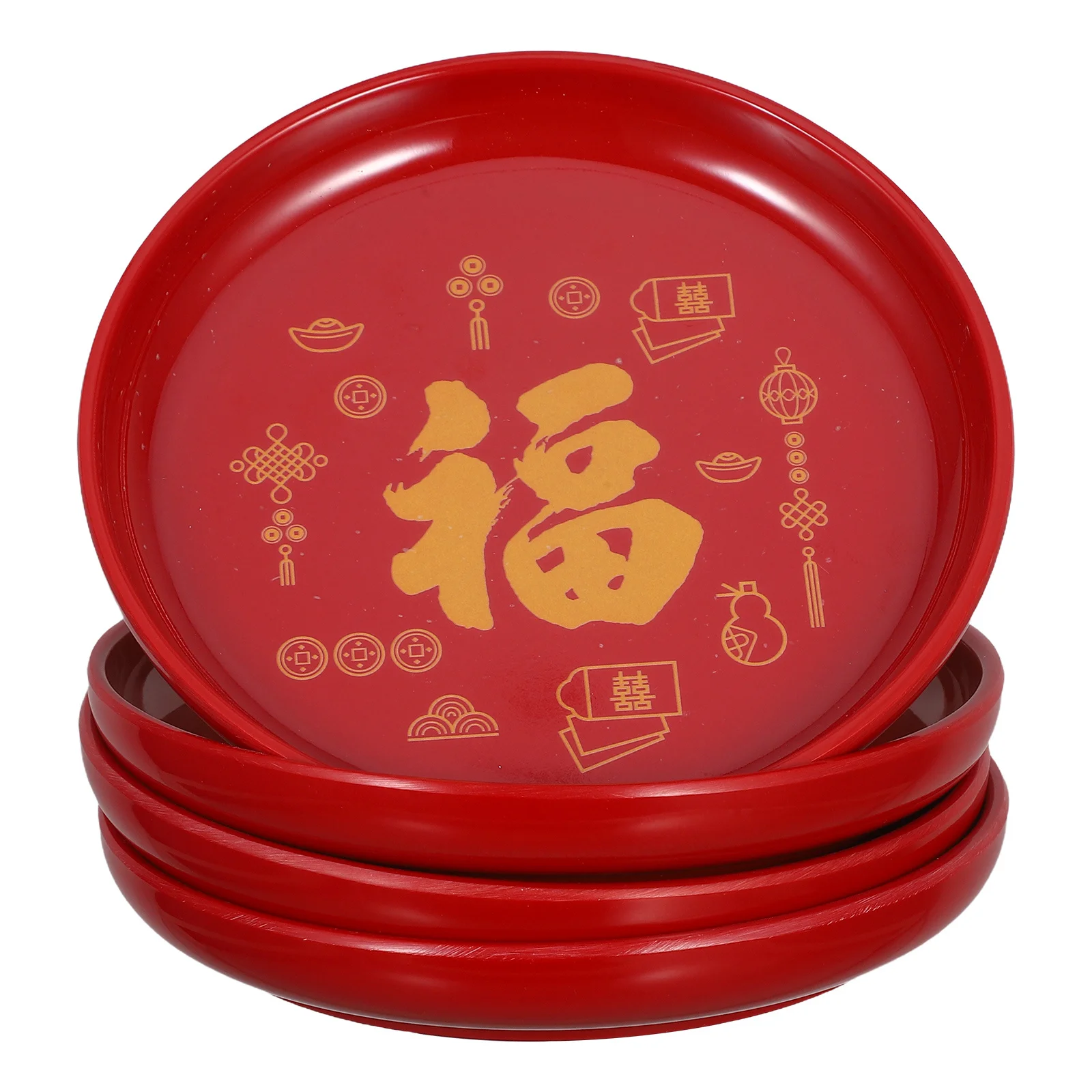 

4Pcs Chinese Red Round Serving Tray Plastic Fruit Platter Wedding Snack Candy Dessert Party Tea Ceremony Chinese Snack Tray