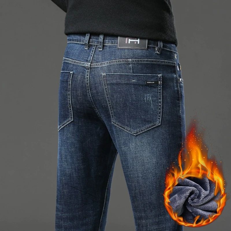 سميكة الصوف الجينز ملابس رجالية شتاء موضة جديدة خمر مستقيم تمتد مريحة الدافئة المخملية سراويل جينز #3