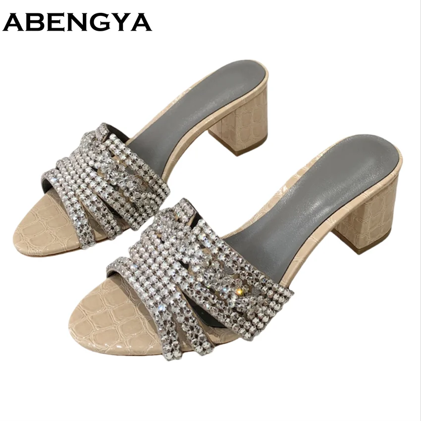 2025 letnie buty na grubym obcasie kapcie damskie błyszczące Rhinestone okrągłe Toe Sandalias damskie Outdoor wakacje buty na plażę Mujer