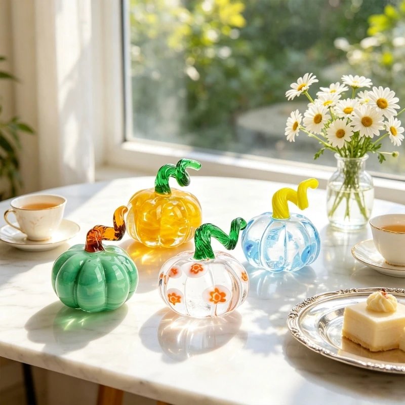 Small Pumpkin Shelf Figures in Clear Glass, 5 Count Yellow Home Set with Top Detail for Fall Desk Display, Tray 37JD