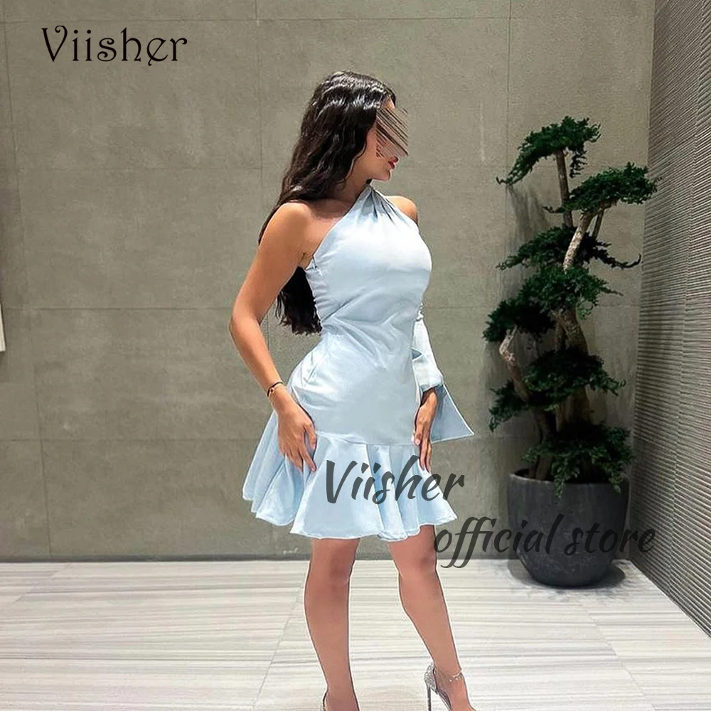 

Viisher Sky Blue Mermaid Evening Prom Dresses One Sleeve Spandex Satin Formal Occasion Dress Arabian Dubai Evening Party Gowns