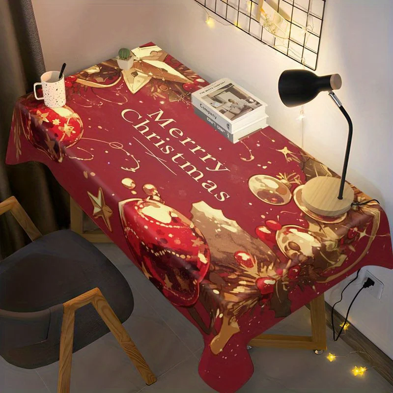 Christmas Bauble Tablecloth,Red Base With Xmas Ball And Merry Christmas Print,Rectangular Table Cover for Dining Room Home Decor