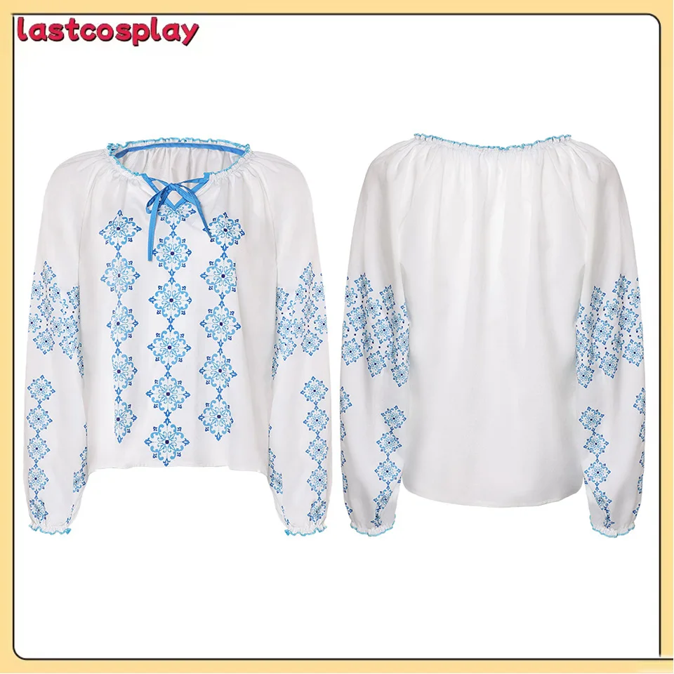 

Маскировка Medival Ретро Anni-Frid Косплей Synni Lyngstad Рубашка Костюм Женская Блузка Сине-Белая Одежда Хэллоуин Карнавальный Топ