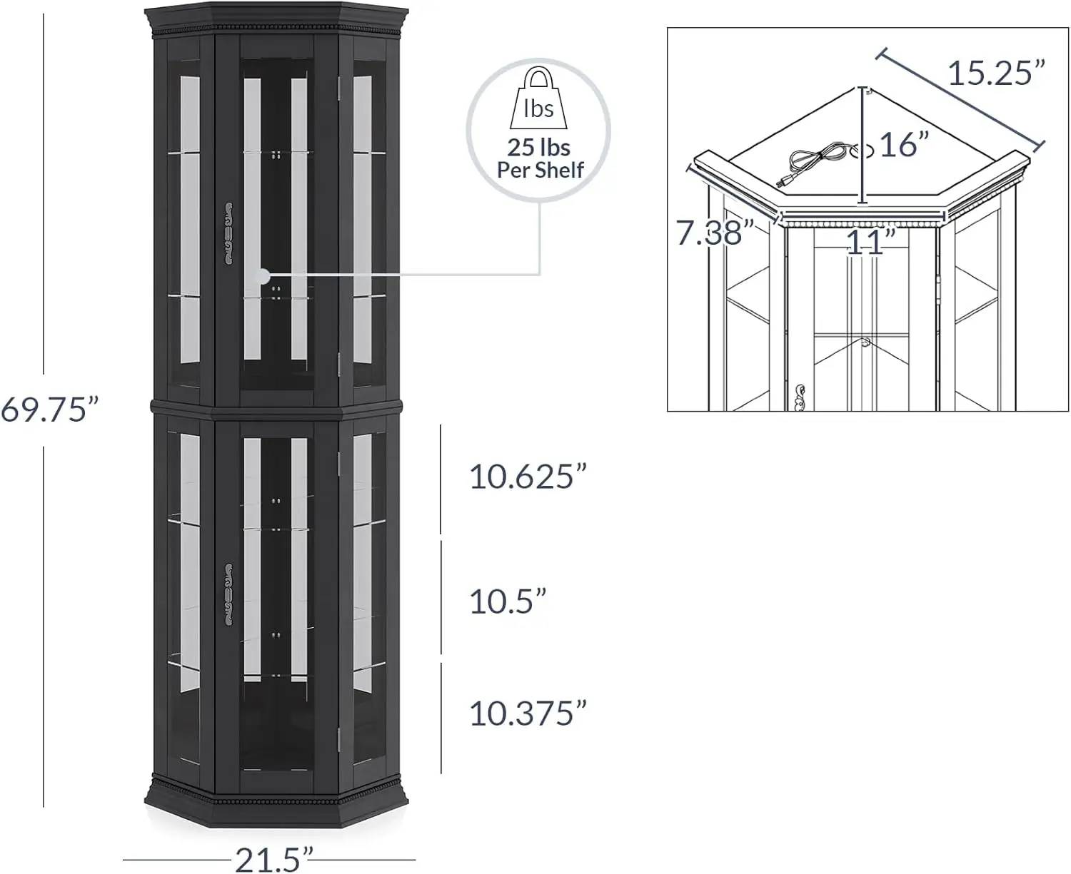 Iluminado 3-Side Glass Display Cabinet com portas de vidro temperado e prateleiras, Accent Canto armário de madeira com bulbo