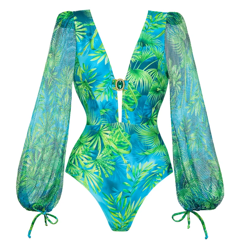 Flaxmaker Women Sexy Deep V Neck Long-sleeved Jungle Green Print One Piece Swimsuit And Skirt Summer Bathing Suit Monokini