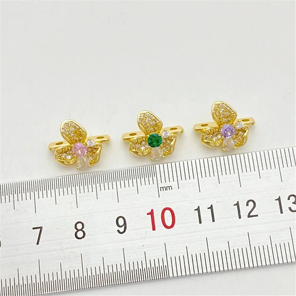 

14K Gold-encrusted Zircon Three-petaled Flower Three-row Spacer Beads Handmade DIY Bracelet Necklace Jewelry Material Accessorie