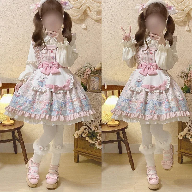 Abito con bretelle Lolita originale Set femminile carino dolce ragazza agnello stampa grembiule con fiocco grande abito da consegna di compleanno top a maniche lunghe