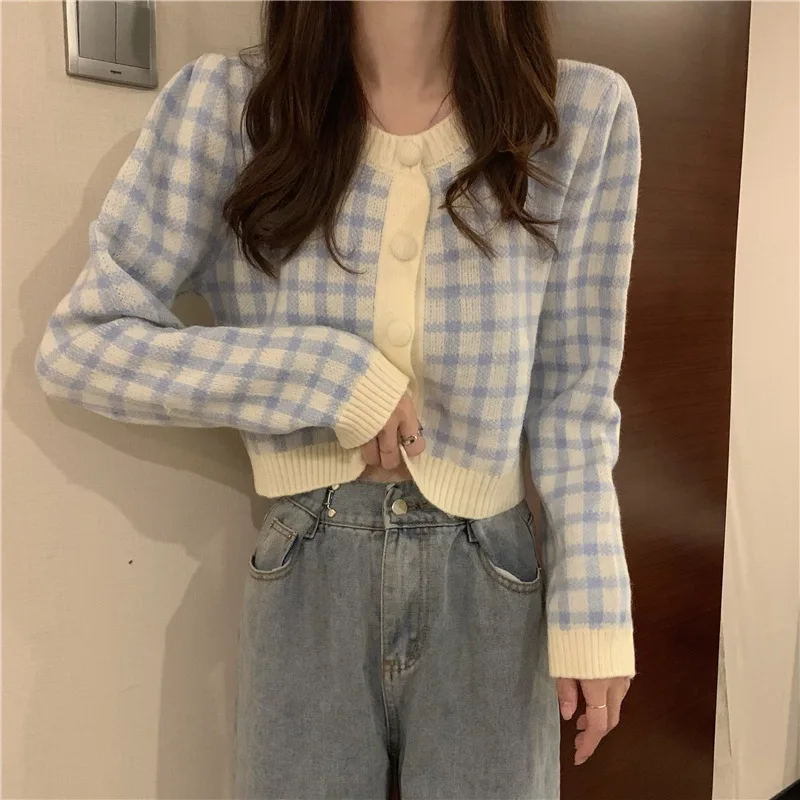 Korean Fashion O-Neck Short Knitted Sweaters Plaid Women Cardigan Single Breasting Y2k Sweaters For Women Autumn Casual Top