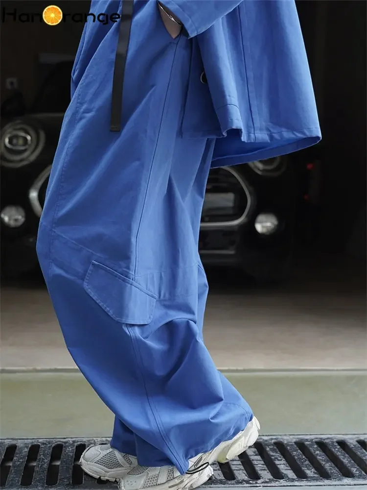 HanOrange 2025 Pantaloni cargo regolabili autunnali Pantaloni larghi a gamba larga da donna Pantaloni femminili casual a vita alta bianco sporco/blu