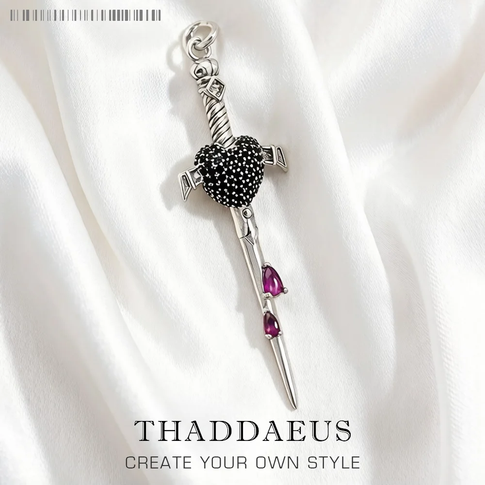 Heart Sword Pendant with Black and Red Stones 925 Sterling Silver Jewelry Europe Style Accessorie Vintage Gift For Woman Men