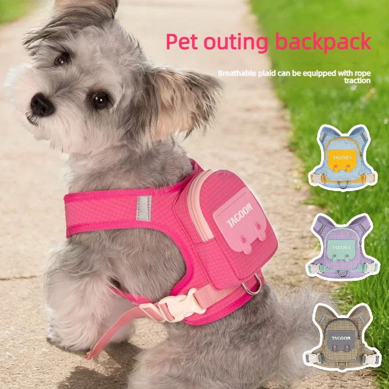 Dog Backpack Harness Cute Plaid Outdoor Self-Carrying Bag for Pets Puppy Chest Vest for Walking Adjustable for Small Medium Dogs