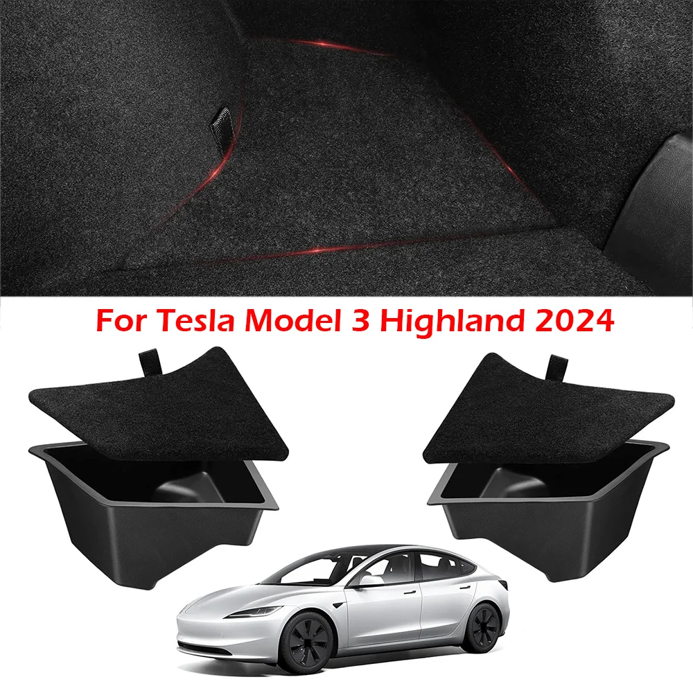 2024 New For Tesla Model 3 Highland Refreshed Version TPE Rear Trunk Storage Bin Side Box Organizer with Flocked Lid Interior