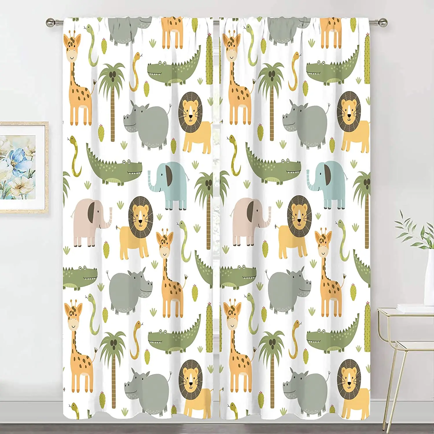 Nursery Safari Animals Shading Drapes, Darkening Window Curtain, Lion, Hippo, Giraffe, Home Living Room, Bedroom Decor, 2 Pieces