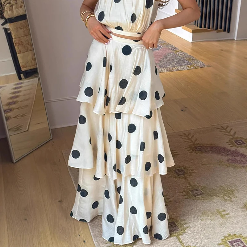 New Polka Dot Printed Halter Vest&Half Skirts Sets Fashion Casual Slim 2pc Elegant Lady Sleeveless Tops And Layered Skirts Sets