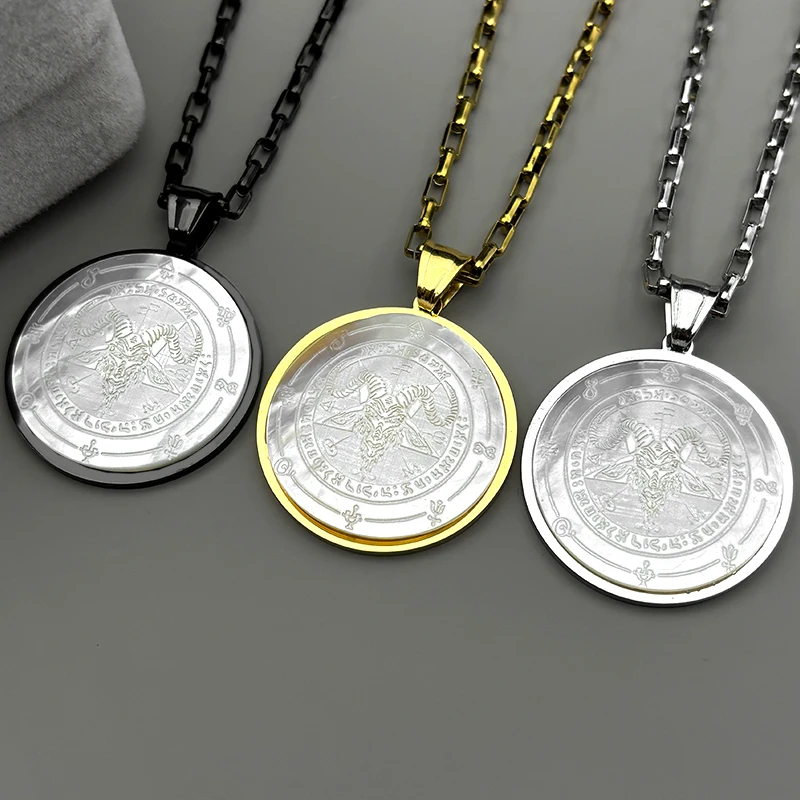 

Witchcraft Goth Baphomet the Sabbatic Goat Satan Pentagram Necklaces for Women Men Stainless Steel Hebrew Shell Pendants Jewelry