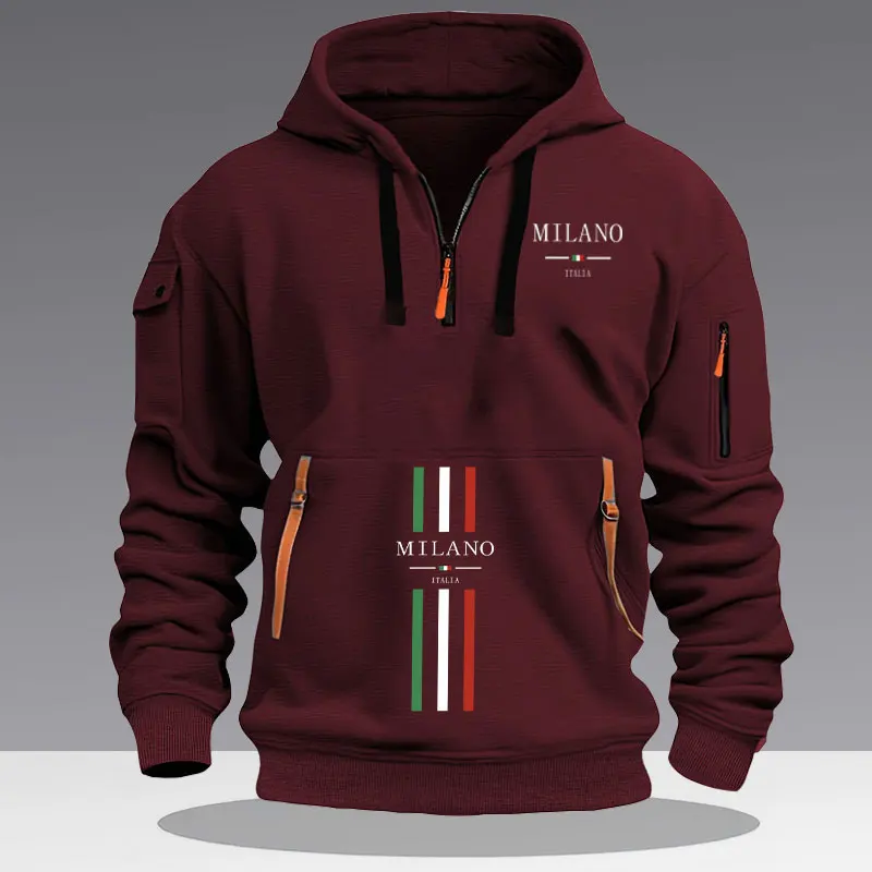 Men's casual sports hoodie spring and autumn fashion arm pocket pull rope hooded MILANO print loose long-sleeved blouse pullover